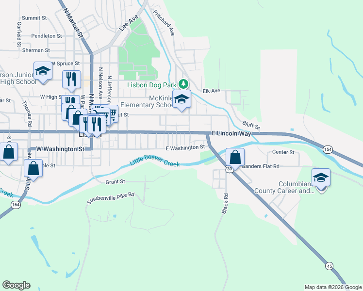 map of restaurants, bars, coffee shops, grocery stores, and more near 527 East Washington Street in Lisbon