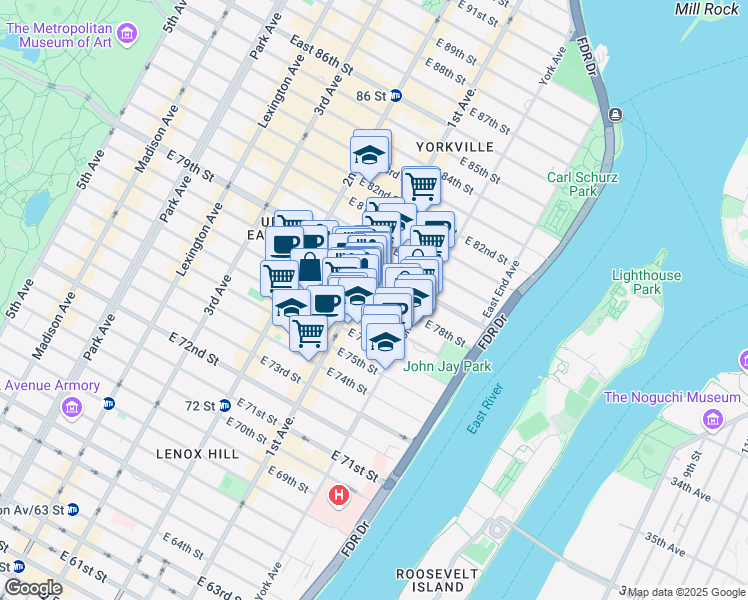 map of restaurants, bars, coffee shops, grocery stores, and more near 408 East 78th Street in New York