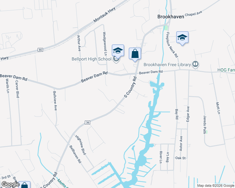 map of restaurants, bars, coffee shops, grocery stores, and more near 315 South Country Road in Brookhaven