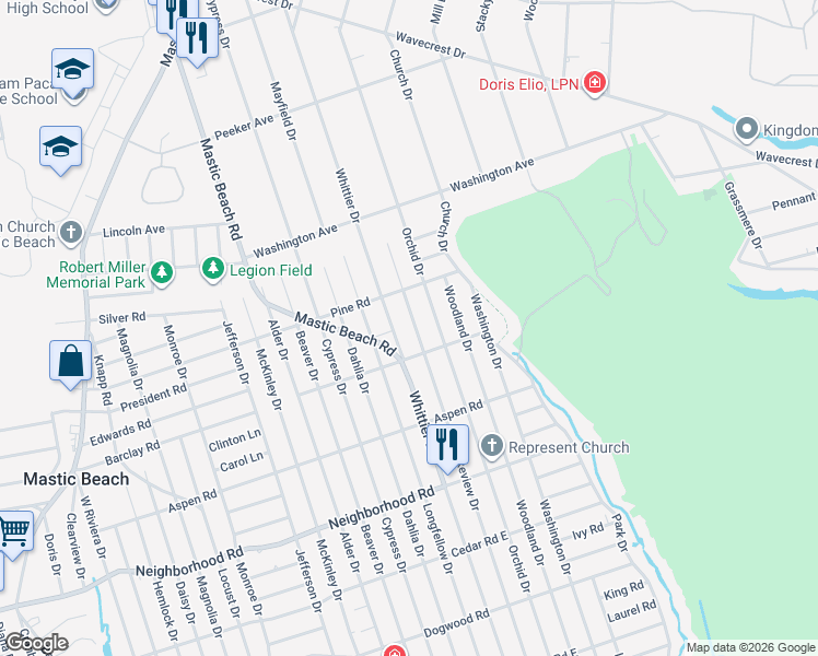 map of restaurants, bars, coffee shops, grocery stores, and more near 128 Lakeview Drive in Mastic Beach