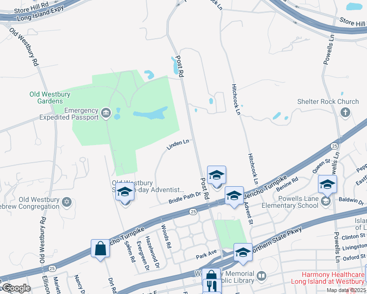 map of restaurants, bars, coffee shops, grocery stores, and more near 19 Linden Lane in Old Westbury