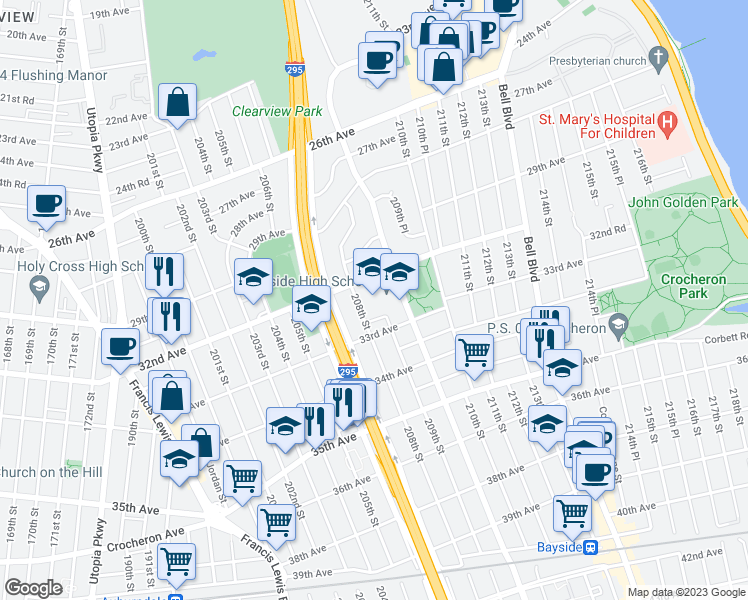 map of restaurants, bars, coffee shops, grocery stores, and more near 32-24 Corporal Kennedy Street in Queens