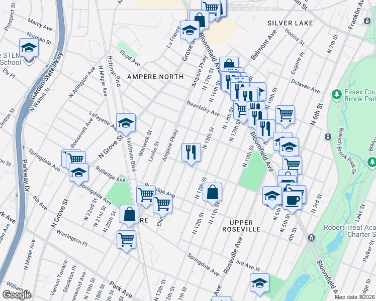 map of restaurants, bars, coffee shops, grocery stores, and more near 145 North 16th Street in Bloomfield