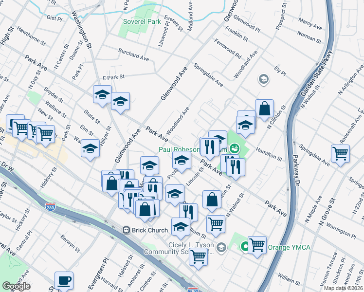 map of restaurants, bars, coffee shops, grocery stores, and more near 540 Park Avenue in East Orange