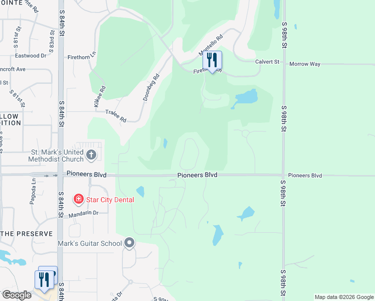 map of restaurants, bars, coffee shops, grocery stores, and more near 9130 Pioneer Court in Lincoln