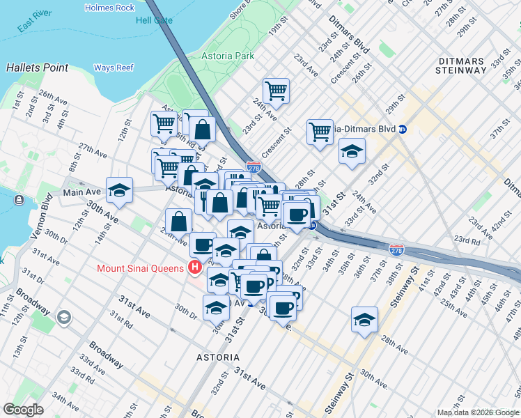 map of restaurants, bars, coffee shops, grocery stores, and more near 25-31 27th Street in Queens