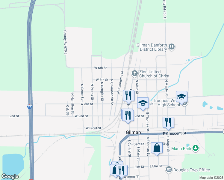 map of restaurants, bars, coffee shops, grocery stores, and more near 414 North Chamberlain Street in Gilman