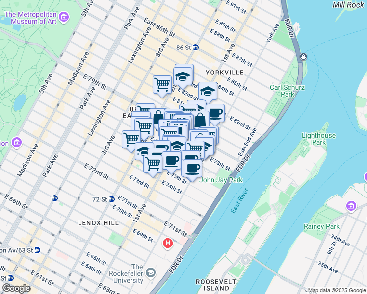 map of restaurants, bars, coffee shops, grocery stores, and more near 402 East 78th Street in New York