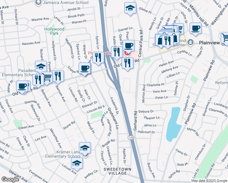 map of restaurants, bars, coffee shops, grocery stores, and more near 50 West Lane Drive in Plainview