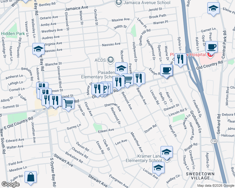 map of restaurants, bars, coffee shops, grocery stores, and more near 633 Old Country Road in Plainview