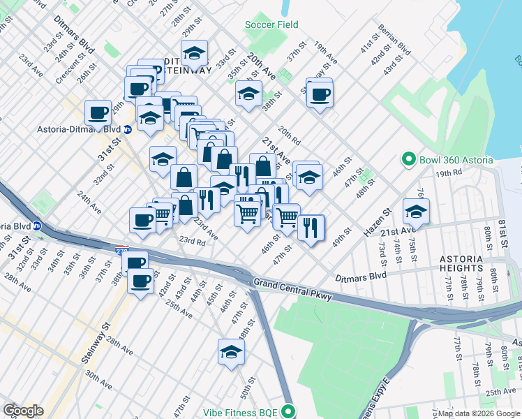 map of restaurants, bars, coffee shops, grocery stores, and more near 44-2 Ditmars Boulevard in Queens