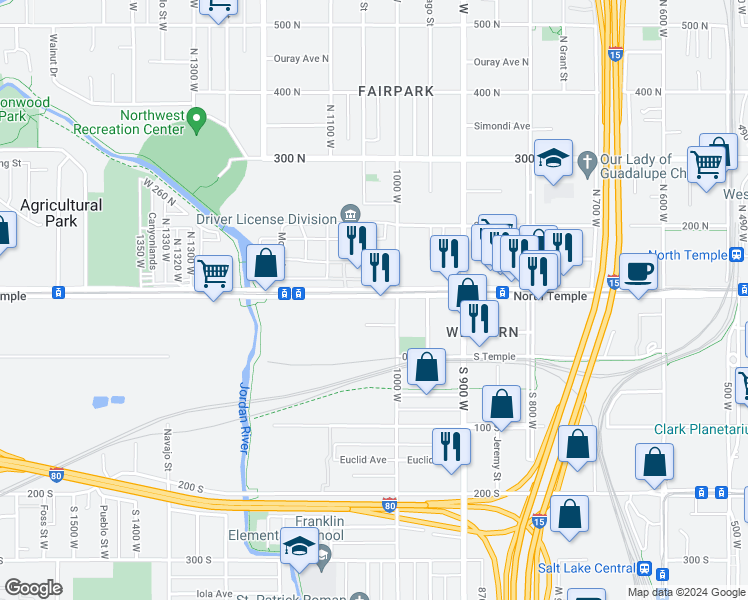 map of restaurants, bars, coffee shops, grocery stores, and more near 1025 W North Temple in Salt Lake City