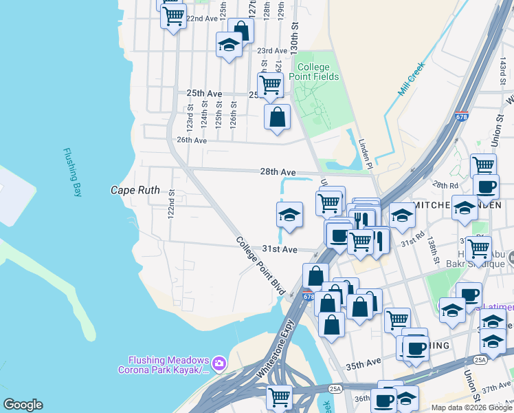 map of restaurants, bars, coffee shops, grocery stores, and more near 130-30 28th Avenue in Queens