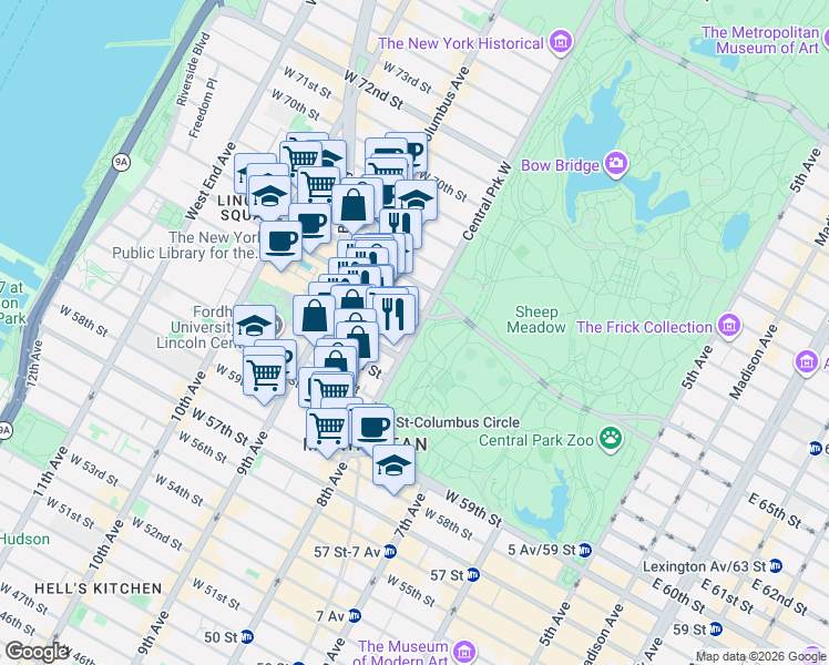 map of restaurants, bars, coffee shops, grocery stores, and more near 1 West 64th Street in New York