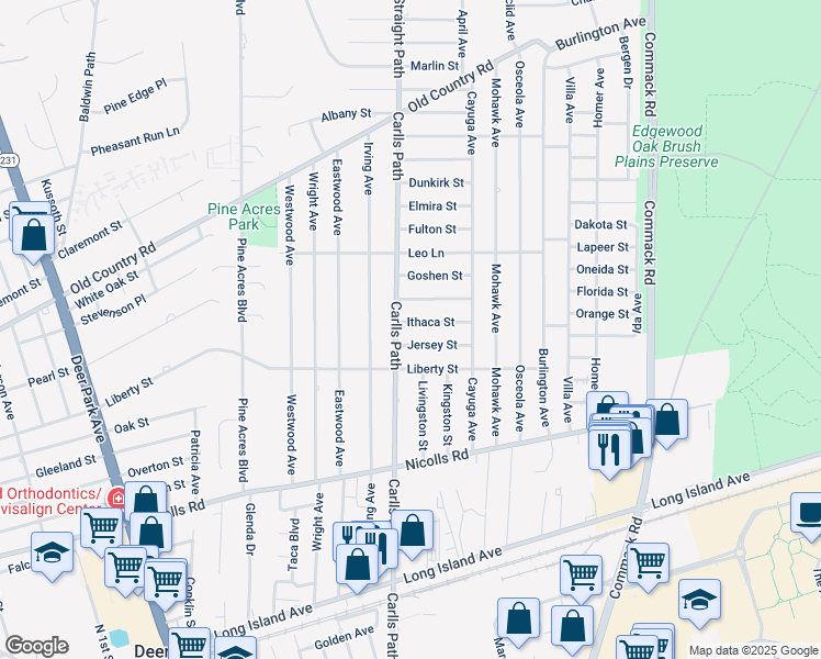 map of restaurants, bars, coffee shops, grocery stores, and more near 12 Ithaca Street in Deer Park