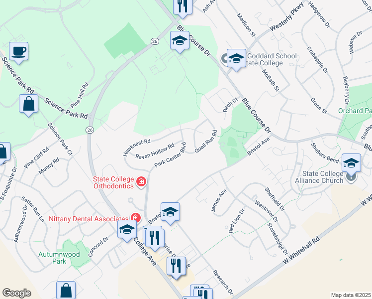 map of restaurants, bars, coffee shops, grocery stores, and more near Falconpointe Dr in State College