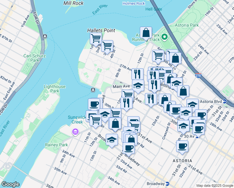 map of restaurants, bars, coffee shops, grocery stores, and more near 11-57 Welling Court in Queens