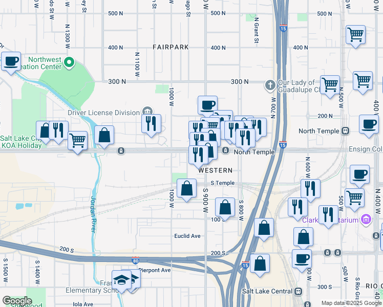 map of restaurants, bars, coffee shops, grocery stores, and more near 937 West North Temple Street in Salt Lake City