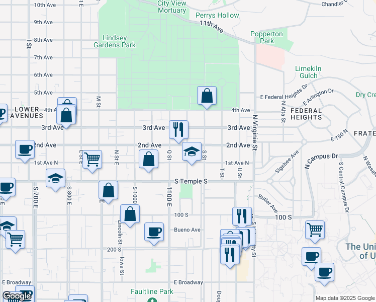 map of restaurants, bars, coffee shops, grocery stores, and more near 1054 East 2nd Avenue in Salt Lake City