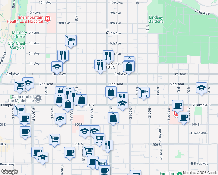 map of restaurants, bars, coffee shops, grocery stores, and more near 604 2nd Avenue in Salt Lake City