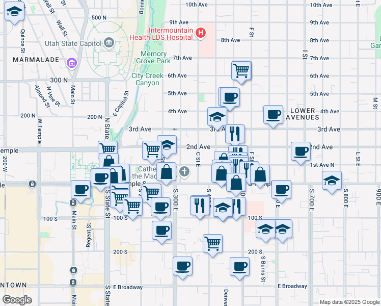 map of restaurants, bars, coffee shops, grocery stores, and more near 86 C Street East in Salt Lake City