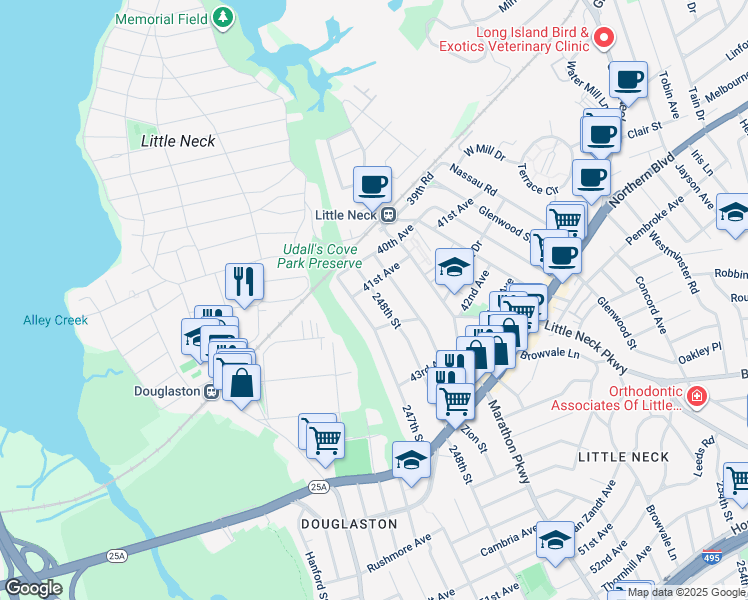 map of restaurants, bars, coffee shops, grocery stores, and more near 247-06 41st Avenue in Queens