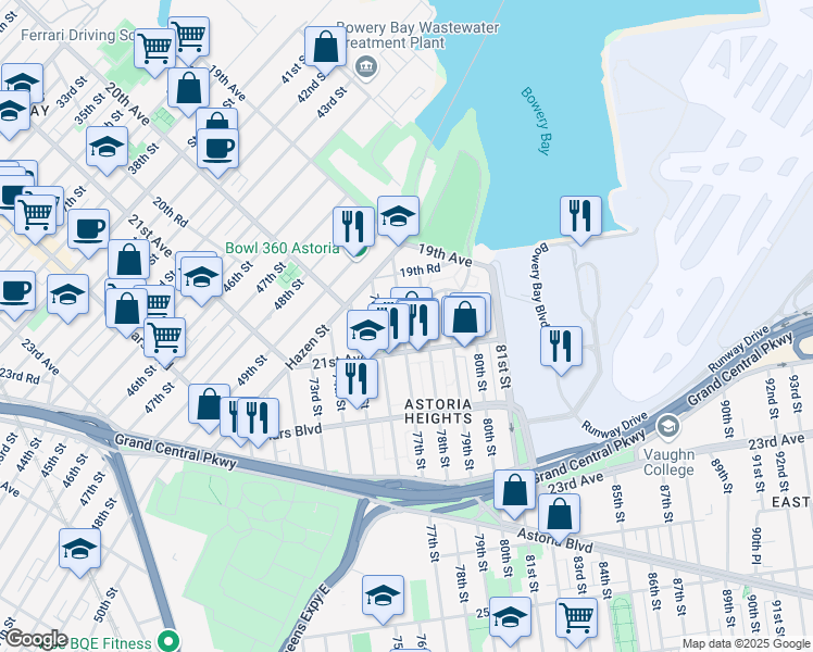 map of restaurants, bars, coffee shops, grocery stores, and more near 19-72 77th Street in Queens