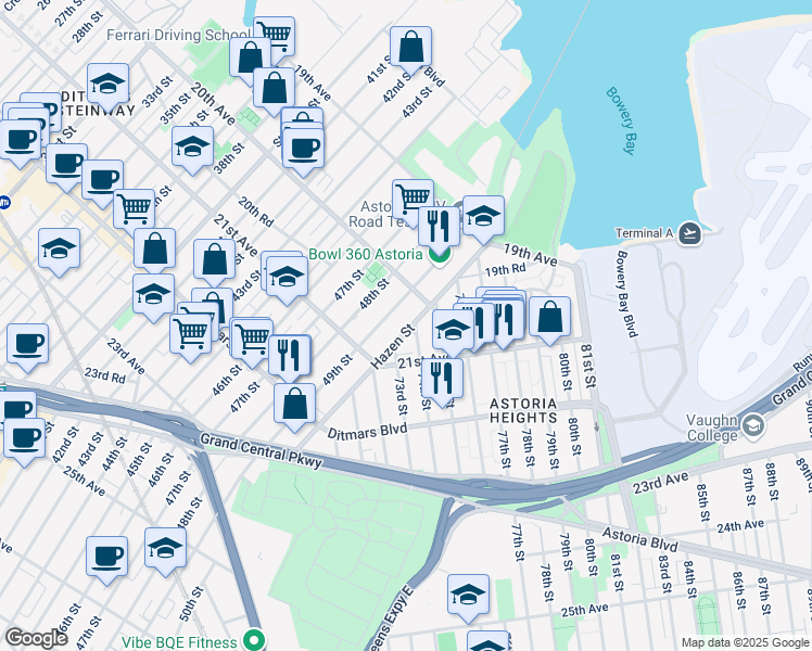 map of restaurants, bars, coffee shops, grocery stores, and more near 20-20 Hazen Street in Queens