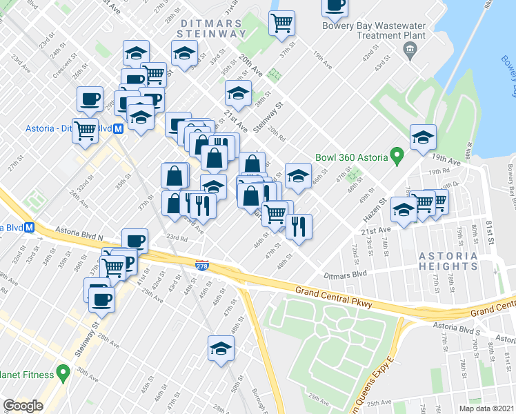 map of restaurants, bars, coffee shops, grocery stores, and more near 43-01 Ditmars Boulevard in Queens