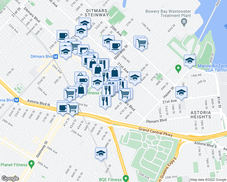 map of restaurants, bars, coffee shops, grocery stores, and more near 44-2 Ditmars Boulevard in Queens