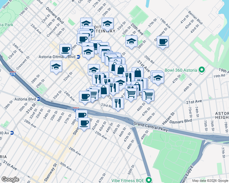 map of restaurants, bars, coffee shops, grocery stores, and more near 22-42 41st Street in Queens
