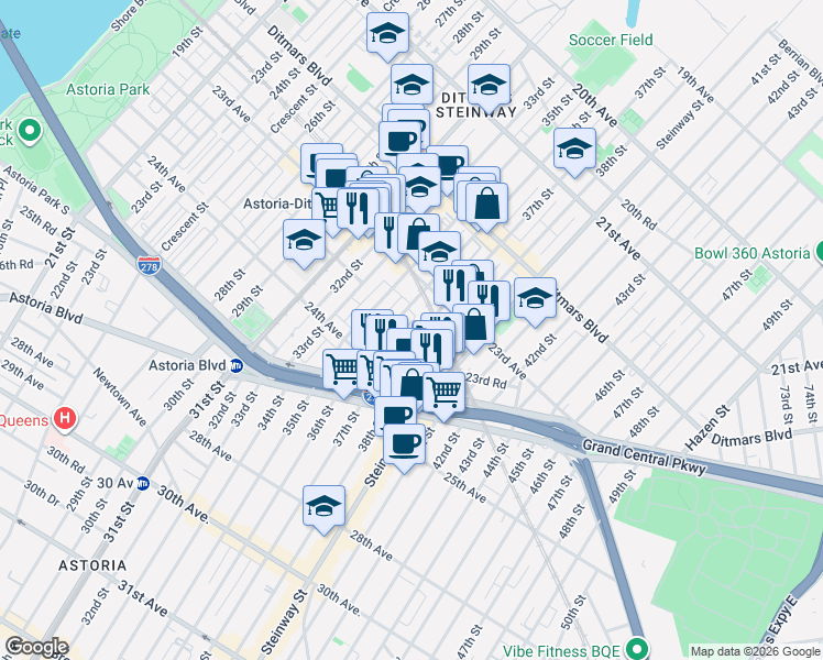 map of restaurants, bars, coffee shops, grocery stores, and more near 23-36 37th Street in Queens