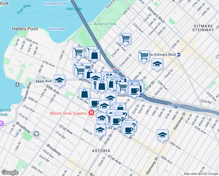 map of restaurants, bars, coffee shops, grocery stores, and more near 26-14 25th Road in Queens
