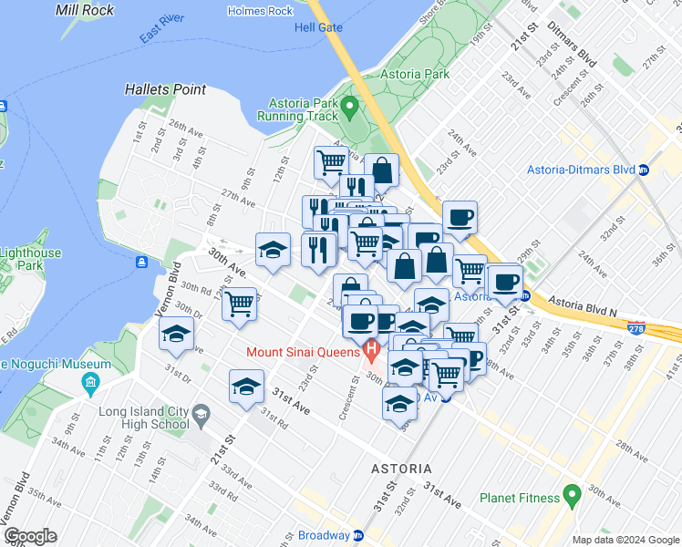 map of restaurants, bars, coffee shops, grocery stores, and more near 27-24 23rd Street in Queens
