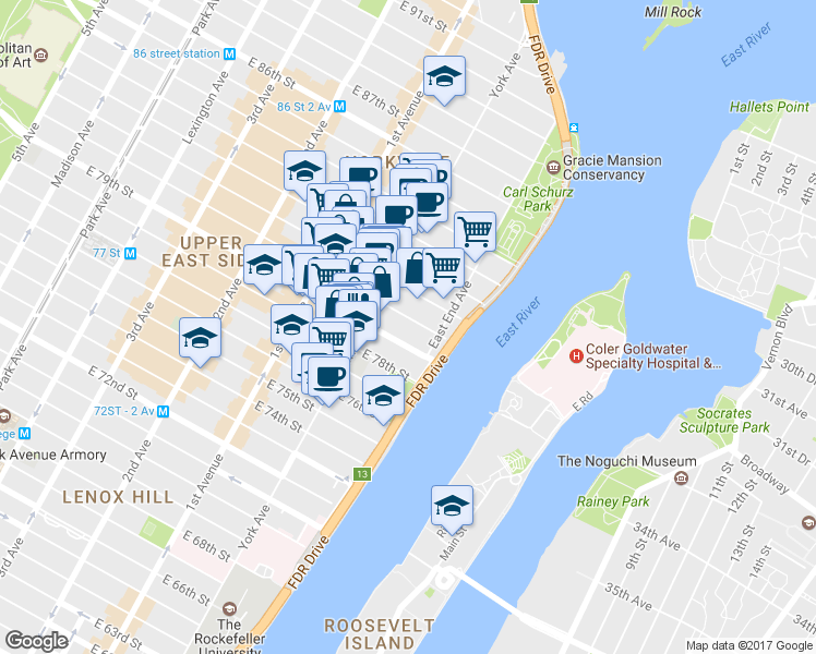 map of restaurants, bars, coffee shops, grocery stores, and more near 528 East 80th Street in New York