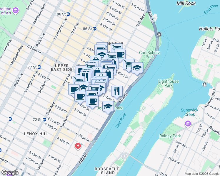 map of restaurants, bars, coffee shops, grocery stores, and more near 503 East 79th Street in New York