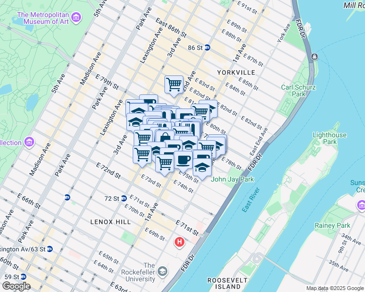 map of restaurants, bars, coffee shops, grocery stores, and more near 345 East 77th Street in New York
