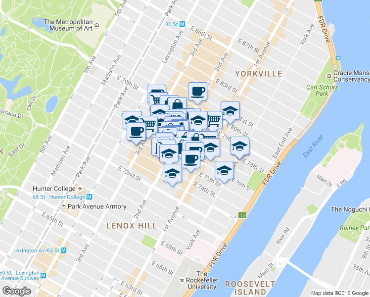 map of restaurants, bars, coffee shops, grocery stores, and more near 1460 2nd Avenue in New York