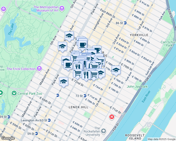 map of restaurants, bars, coffee shops, grocery stores, and more near 1309 3rd Avenue in New York