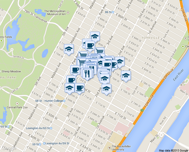 map of restaurants, bars, coffee shops, grocery stores, and more near 1309 3rd Avenue in New York