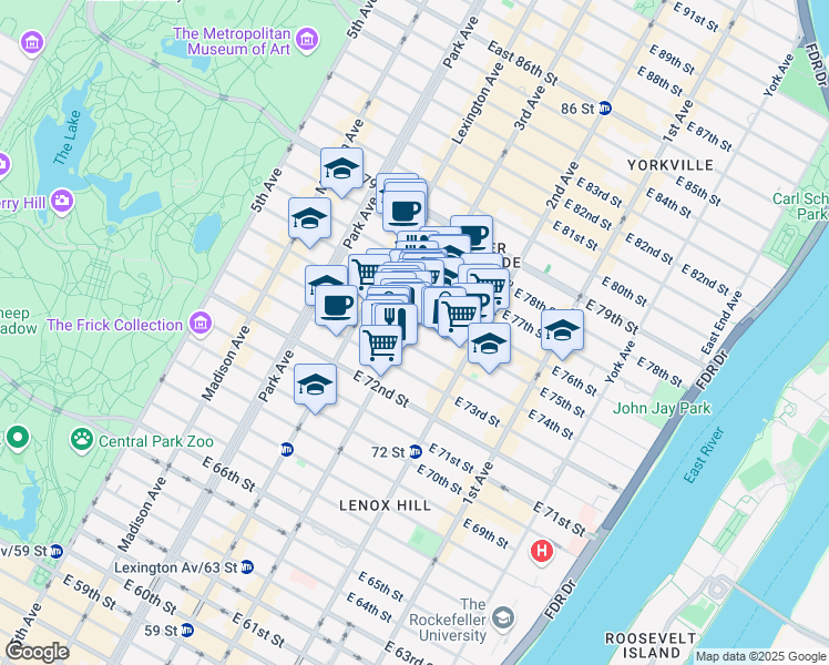 map of restaurants, bars, coffee shops, grocery stores, and more near 1309 3rd Avenue in New York