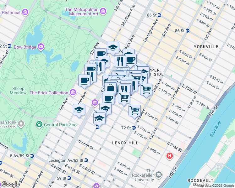 map of restaurants, bars, coffee shops, grocery stores, and more near 125 East 73rd Street in New York