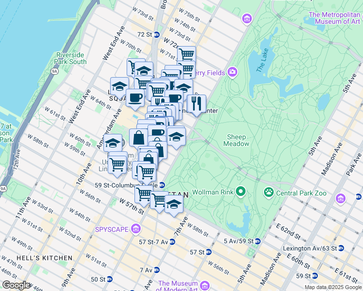map of restaurants, bars, coffee shops, grocery stores, and more near 141 West 64th Street in New York