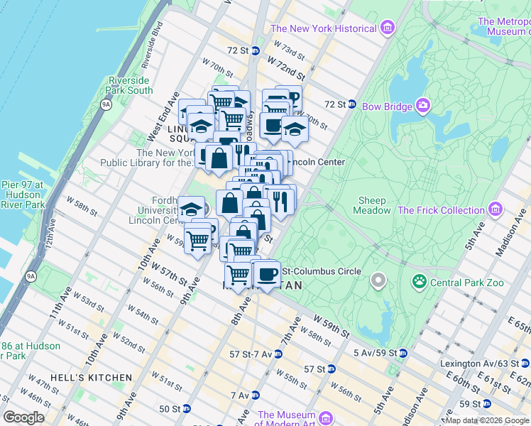 map of restaurants, bars, coffee shops, grocery stores, and more near in New York