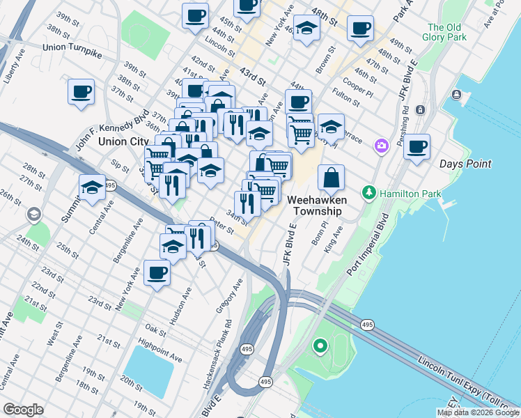 map of restaurants, bars, coffee shops, grocery stores, and more near 118 35th Street in Union City