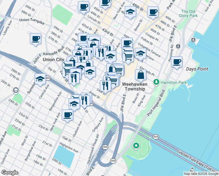 map of restaurants, bars, coffee shops, grocery stores, and more near 118 35th Street in Union City