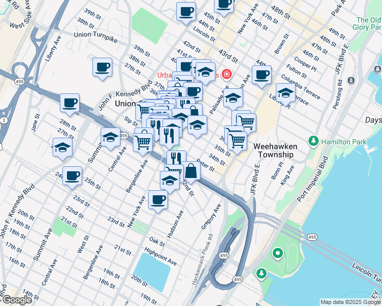 map of restaurants, bars, coffee shops, grocery stores, and more near 3322 Palisade Avenue in Union City