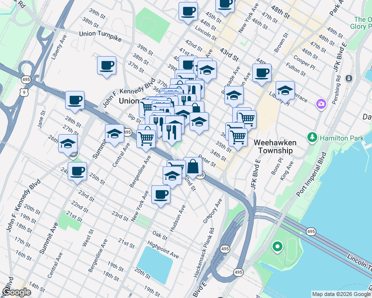 map of restaurants, bars, coffee shops, grocery stores, and more near 3322 Palisade Avenue in Union City