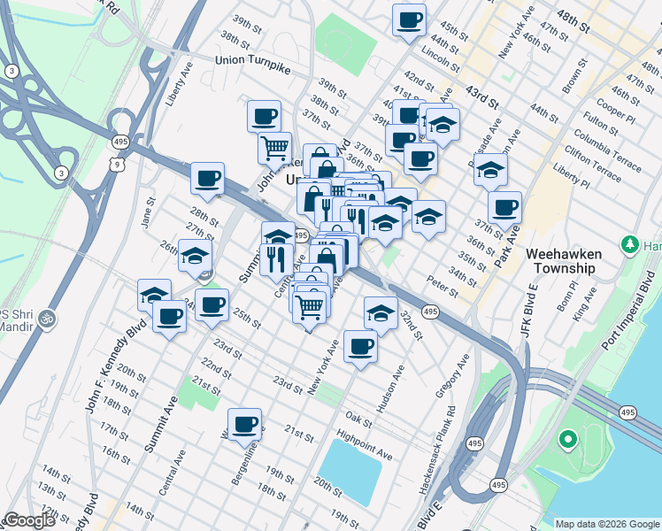 map of restaurants, bars, coffee shops, grocery stores, and more near 527 30th Street in Union City