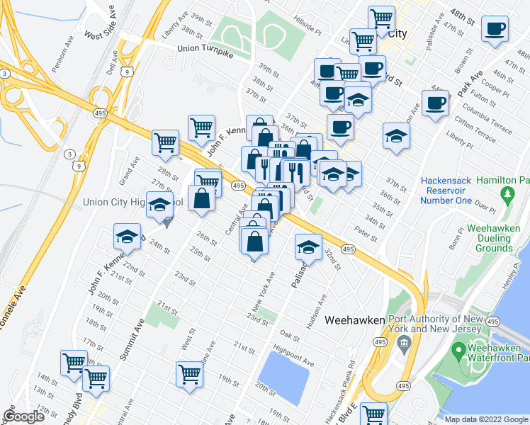 map of restaurants, bars, coffee shops, grocery stores, and more near 527 30th Street in Union City